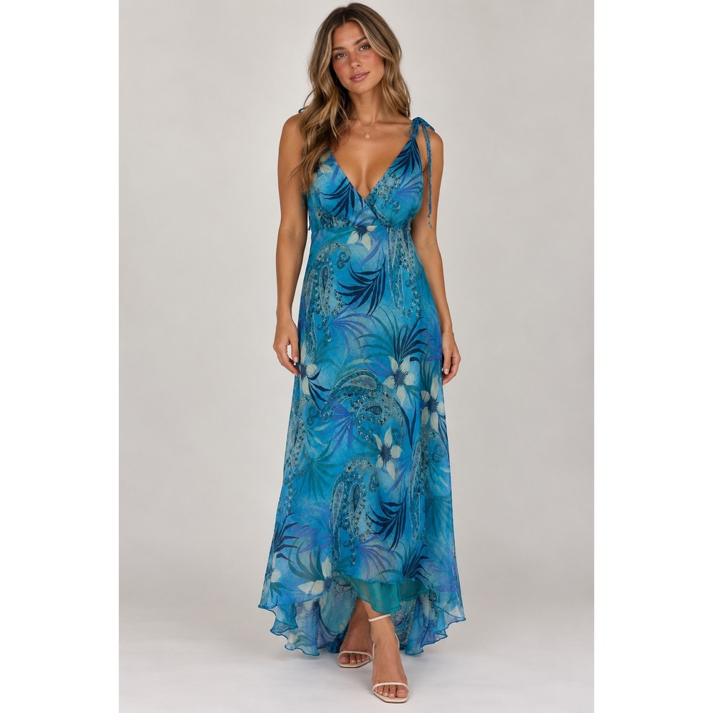 Y2K Babydoll Rampage Blue Paisley Floral High Low Maxi Dress V-Neck Boho
